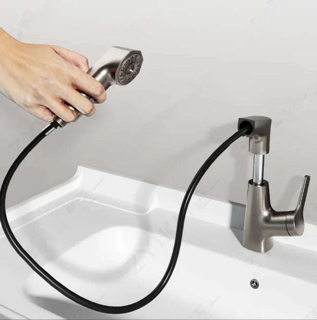 Gold Adjustable Pull-down Basin Mixer Brass Hot and Cold Bathroom Sink Faucet
