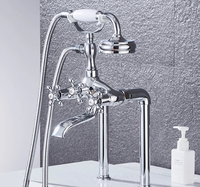 Antique Brass Regal Traditional Countertop Shower Hot and Cold Water Mixer and Long Bathtub Faucet