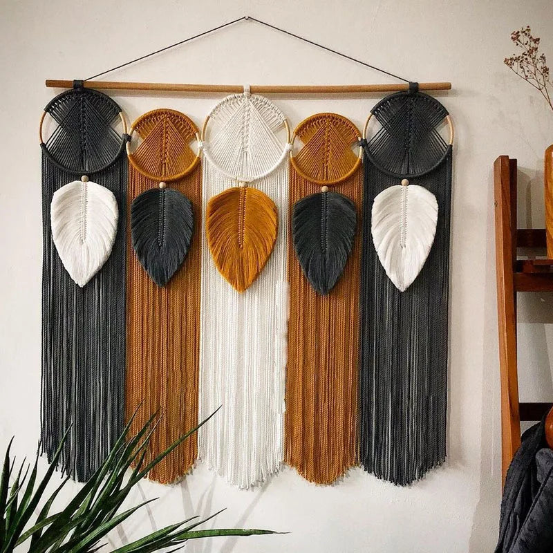Handmade Leaf Hanging Wall with Macrame Fringe Art Wall Decor for Home Wall Living Room Bathroom Office