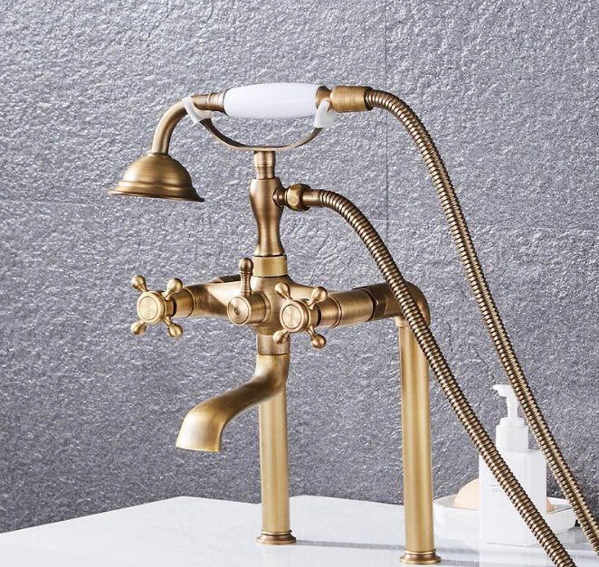Antique Brass Regal Traditional Countertop Shower Hot and Cold Water Mixer and Long Bathtub Faucet