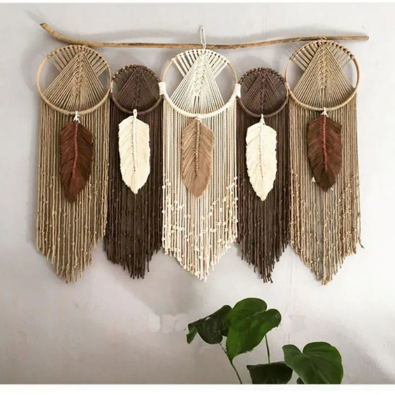 Handmade Leaf Hanging Wall with Macrame Fringe Art Wall Decor for Home Wall Living Room Bathroom Office