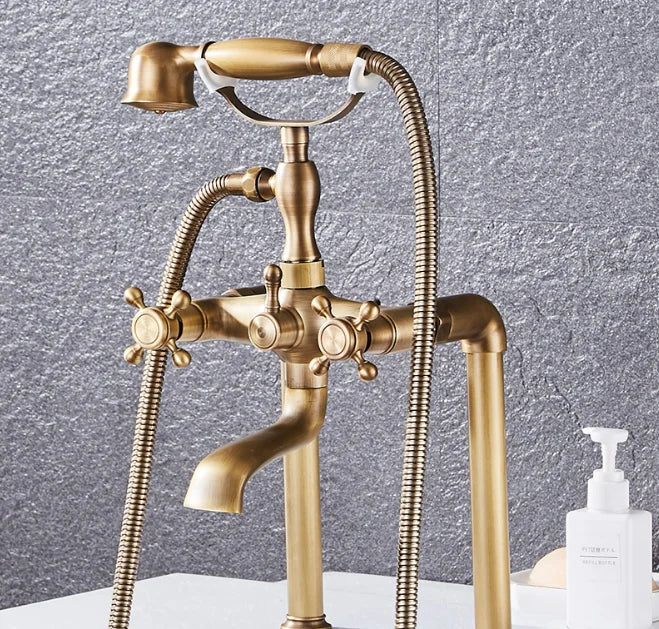 Antique Brass Regal Traditional Countertop Shower Hot and Cold Water Mixer and Long Bathtub Faucet