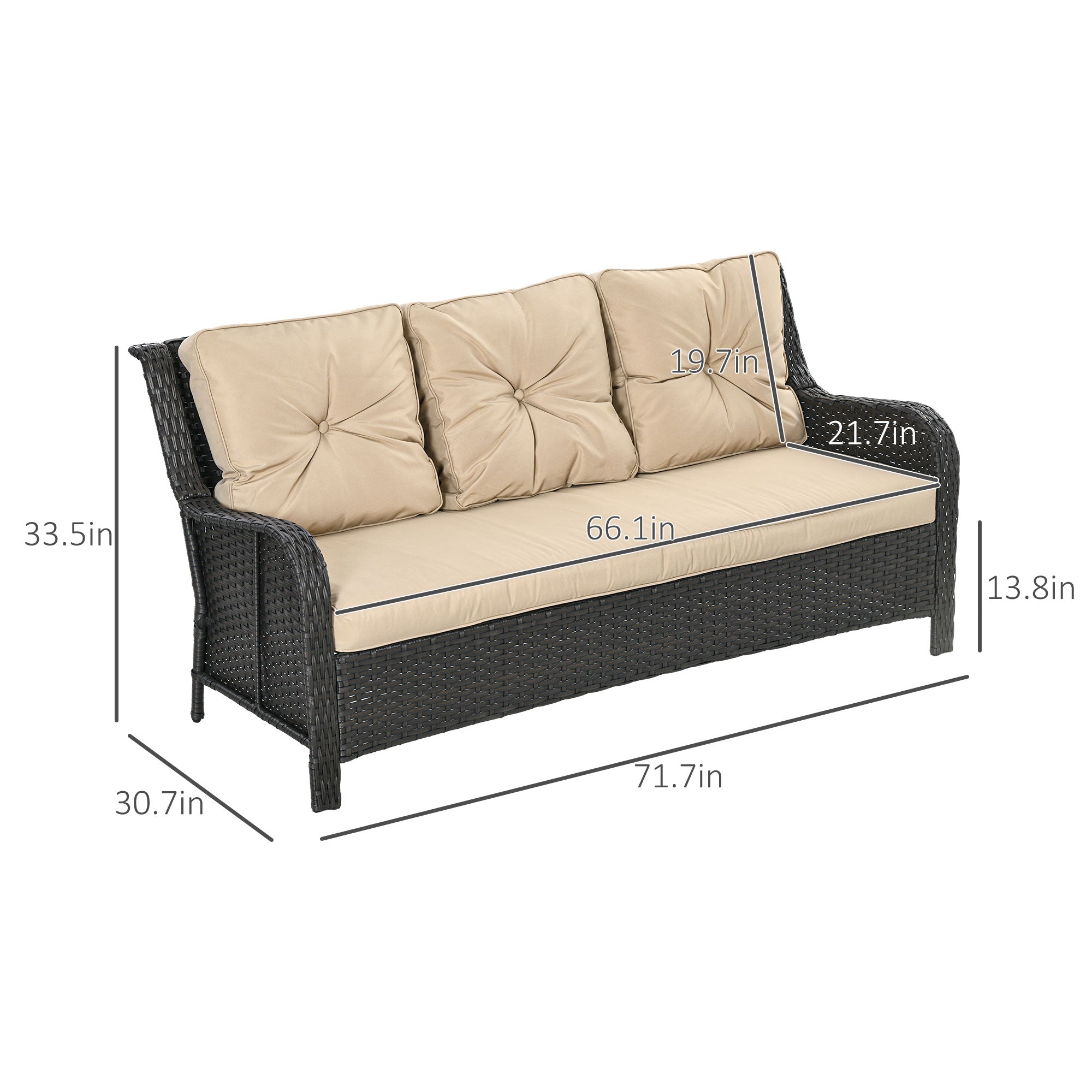 Outsunny 3-Seater Outdoor Sofa w/ 4" Thick Cushions, Outdoor Couch, Beige