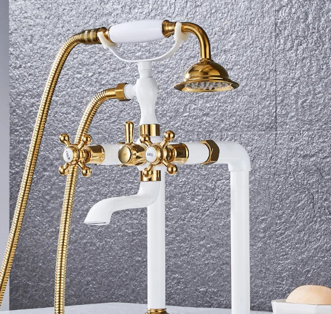 Antique Brass Regal Traditional Countertop Shower Hot and Cold Water Mixer and Long Bathtub Faucet
