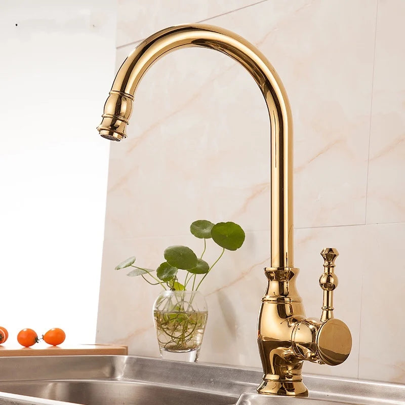 European Antique Golden Kitchen Washbasin Faucet Hot and Cold Copper Sink Kitchen Faucet