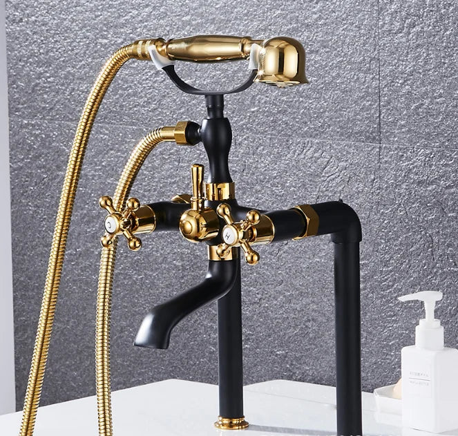 Antique Brass Regal Traditional Countertop Shower Hot and Cold Water Mixer and Long Bathtub Faucet
