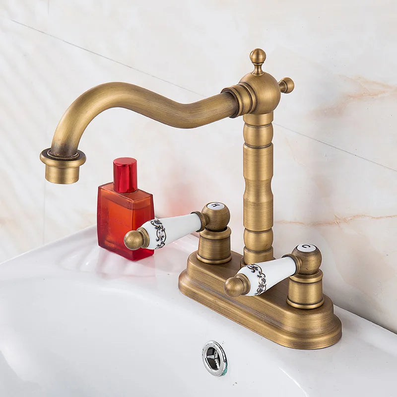 Antique Copper Double Hole Basin Faucet Wash Basin Rotating Faucet