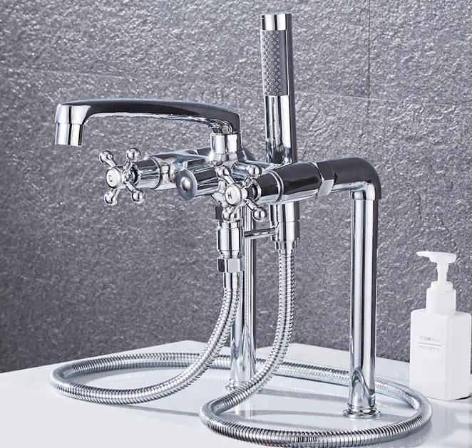 Antique Brass Regal Traditional Countertop Shower Hot and Cold Water Mixer and Long Bathtub Faucet