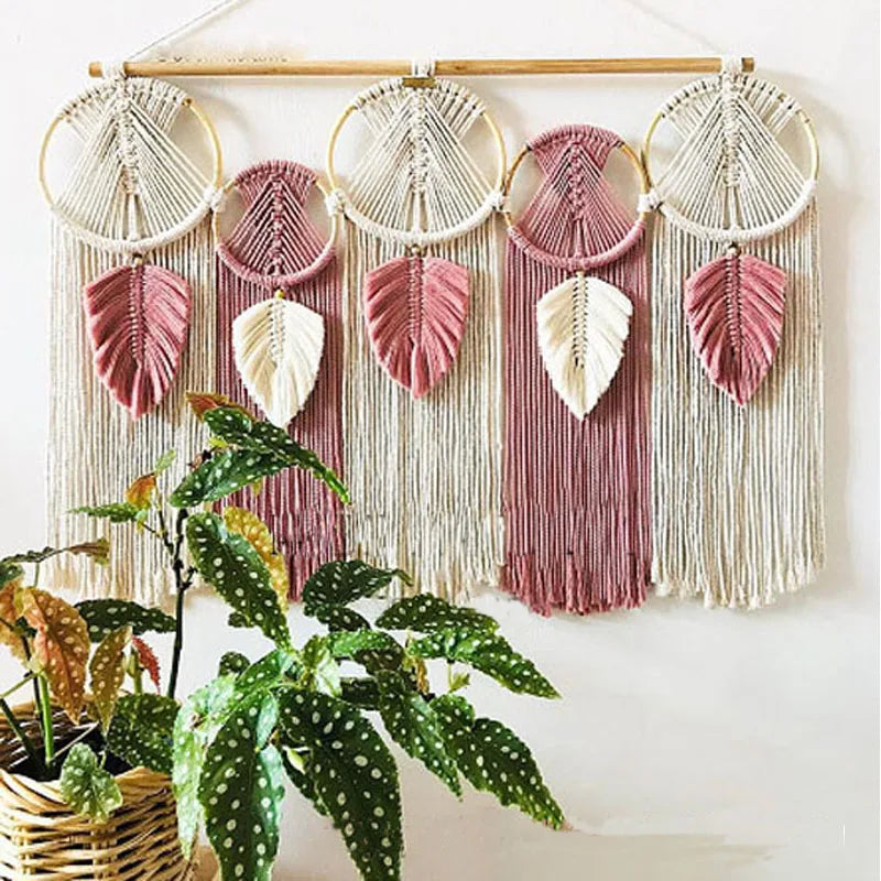 Handmade Leaf Hanging Wall with Macrame Fringe Art Wall Decor for Home Wall Living Room Bathroom Office
