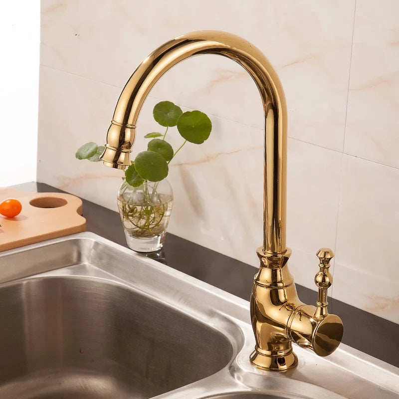 European Antique Golden Kitchen Washbasin Faucet Hot and Cold Copper Sink Kitchen Faucet