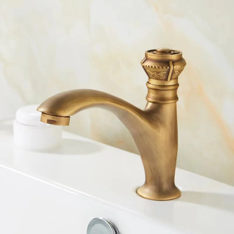 All Copper European Antique Carved Single Cold Faucet Single Hole Cold Water Basin Balcony Laundry Tub