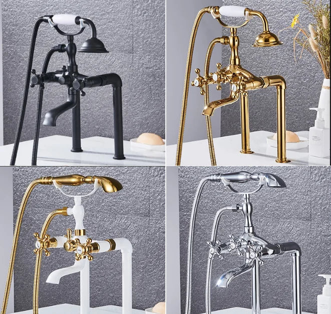 Antique Brass Regal Traditional Countertop Shower Hot and Cold Water Mixer and Long Bathtub Faucet