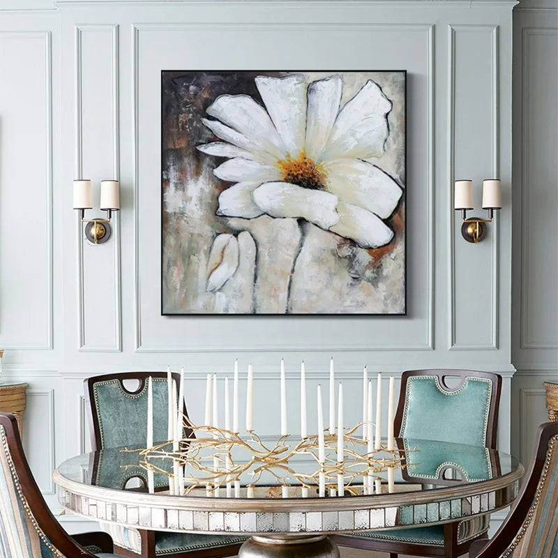 Handmade Painting Canvas Hand-painted Light Luxury Canvas Textured Black and White Flower Gold Foil Painting With Floater Frame