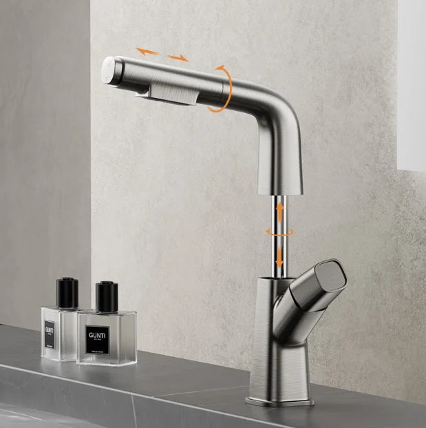 Gun Gray Adjustable Rotary Pull Out Basin Single Hole Faucet Pure Brass Matte Black Toilet Bathroom Vanity Top Mixer