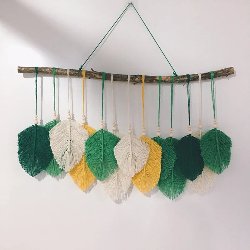 Bohemian Handmade Woven Leaf Macrame Home Décor Decorative Hanging Wall Art Tapestries Wall Decor for Home Wall Living Room