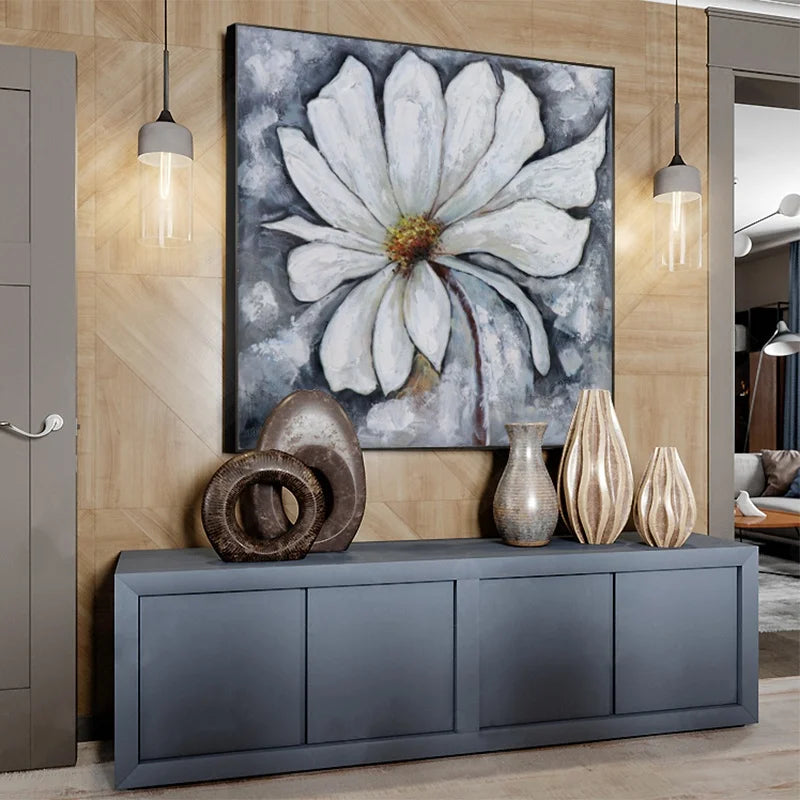 Handmade Painting Canvas Hand-painted Light Luxury Canvas Textured Black and White Flower Gold Foil Painting With Floater Frame