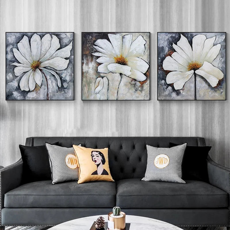 Handmade Painting Canvas Hand-painted Light Luxury Canvas Textured Black and White Flower Gold Foil Painting With Floater Frame