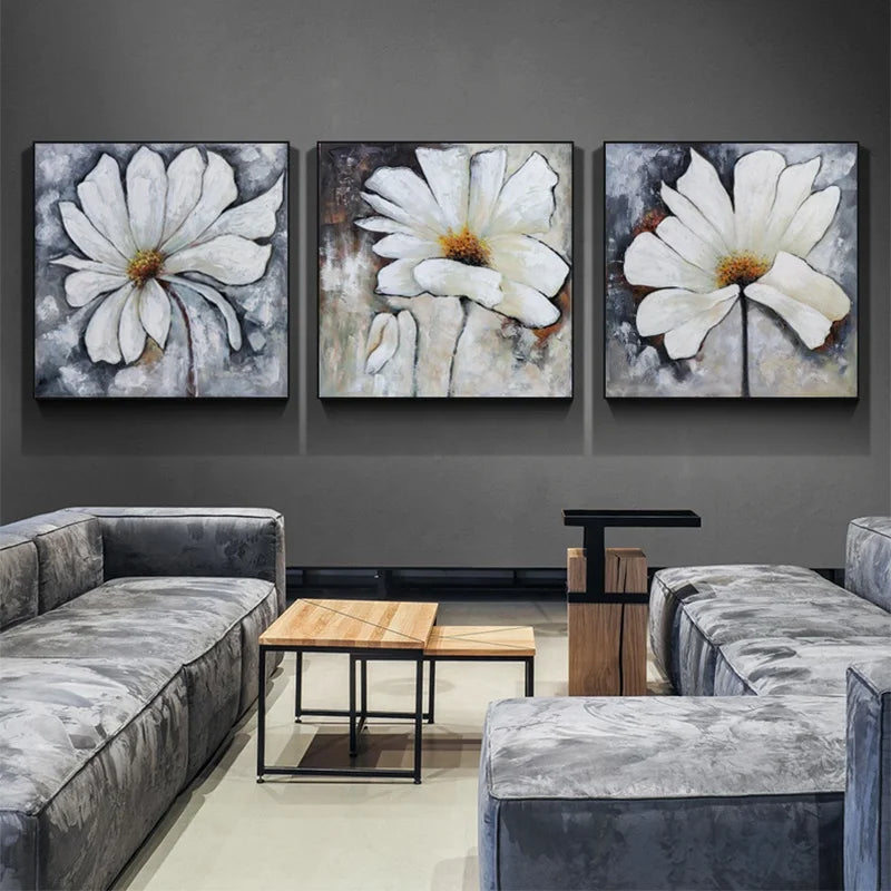 Handmade Painting Canvas Hand-painted Light Luxury Canvas Textured Black and White Flower Gold Foil Painting With Floater Frame
