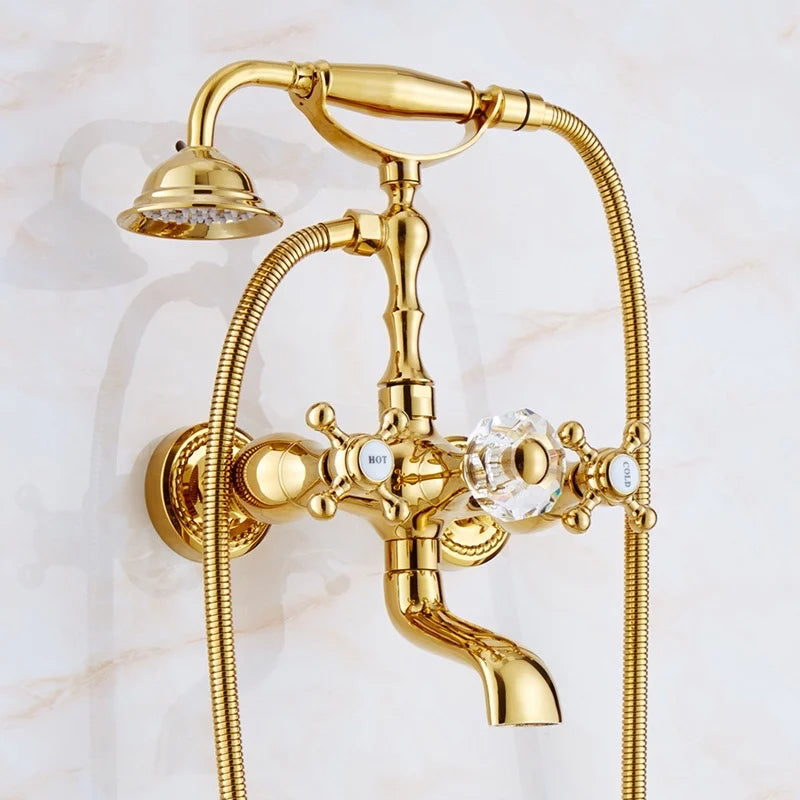 European Style Golden Shower Set, Antique Hot and Cold Bathtub Faucet, Simple Shower