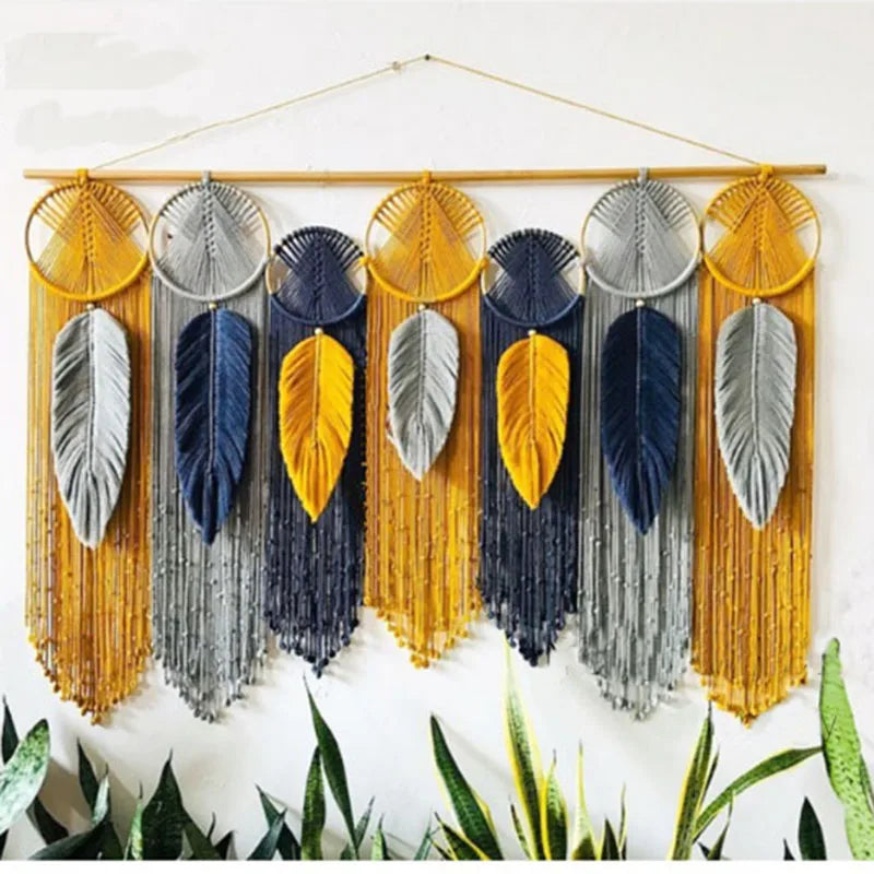 Handmade Leaf Hanging Wall with Macrame Fringe Art Wall Decor for Home Wall Living Room Bathroom Office