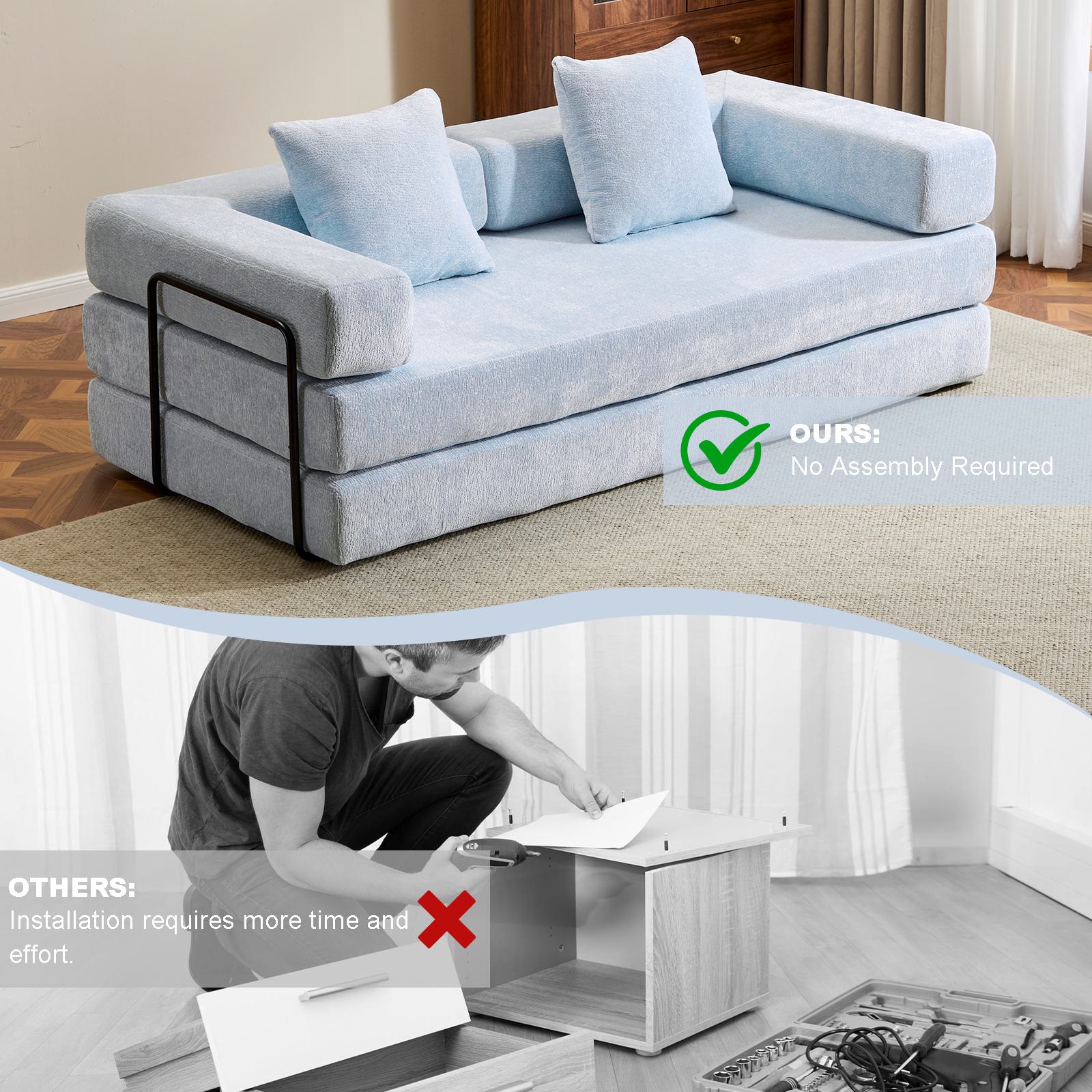 Foldable Sofa Bed Convertible Floor Sofa with Pillow Back Support and Armrest, Compressed Sofa Lounge Sleeper with Chenille Fabric, 77'' L x 37.5'' W x 23.5'' H, Light Blue