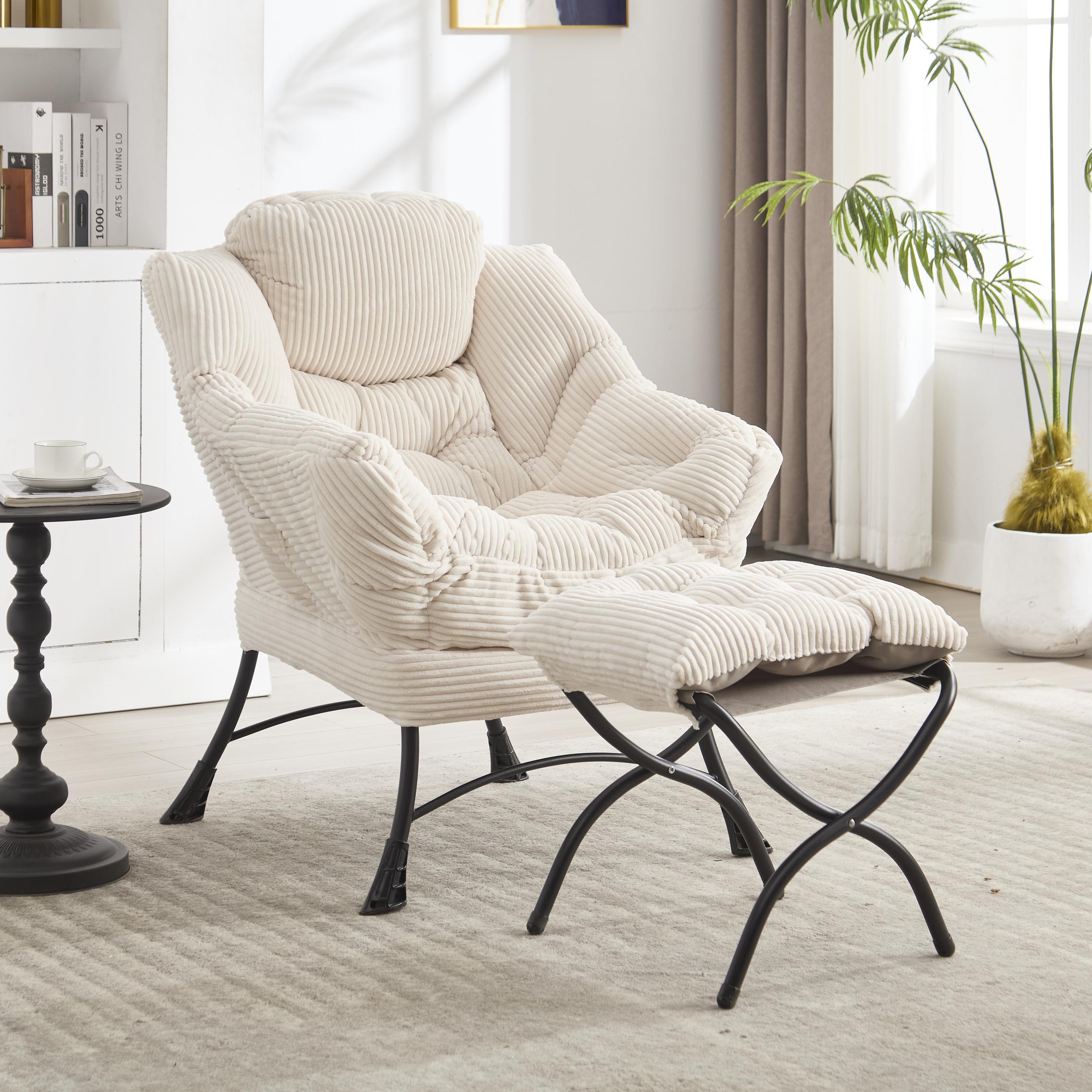 Modern Lazy Chair with Ottoman, Armrests, Side Pocket, Ergonomic Lounge Accent Chair with Steel Frame, 31.5" L x 25" W x 37.5" H, Navy Blue