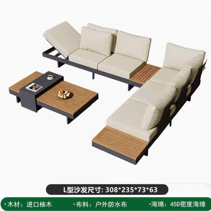 Outdoor sofa corner teak aluminum alloy tea table courtyard leisure villa hotel antiseptic wood combination open-air furniture