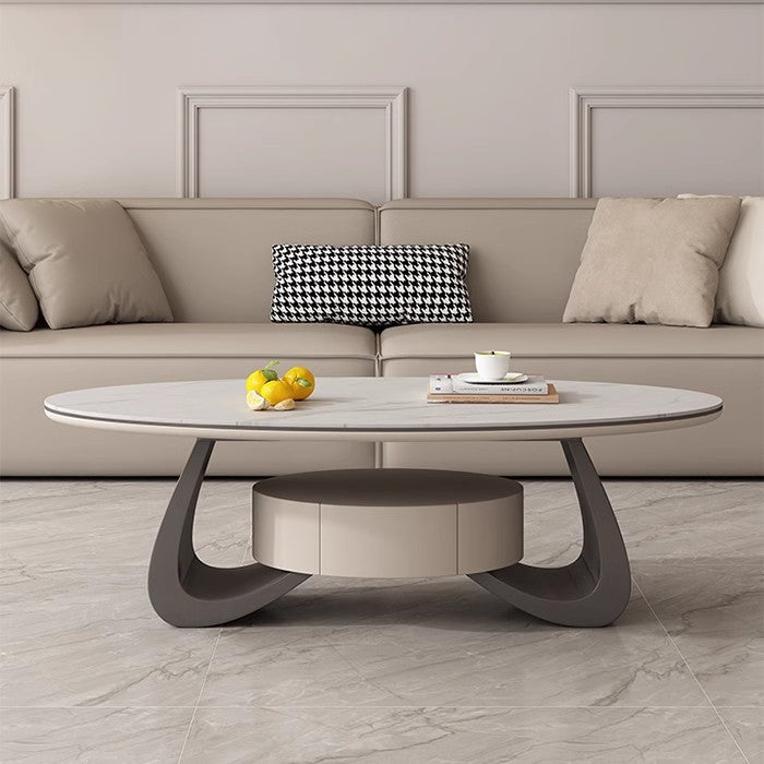 Light luxury living room with drawers coffee table household Italian small apartment simple oval rock slab tea table 2024 new