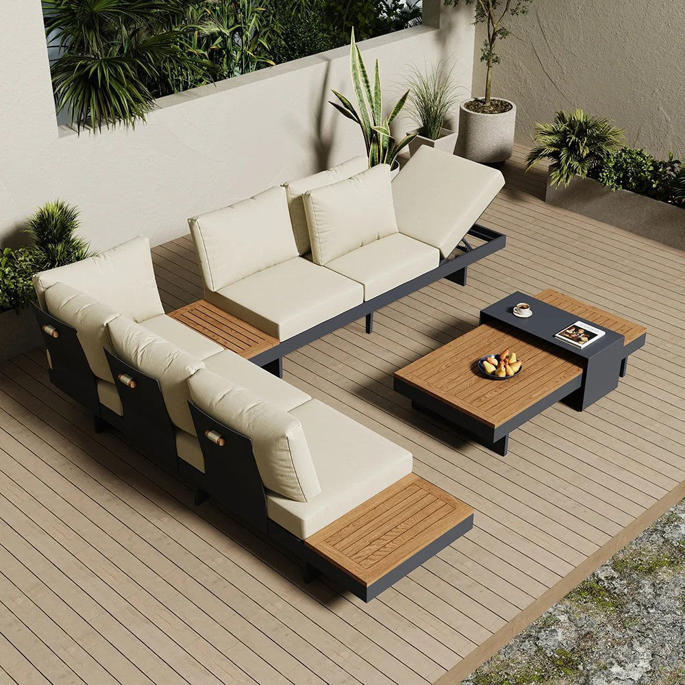 Outdoor sofa corner teak aluminum alloy tea table courtyard leisure villa hotel antiseptic wood combination open-air furniture