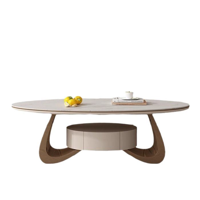Light luxury living room with drawers coffee table household Italian small apartment simple oval rock slab tea table 2024 new