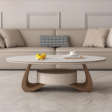 Light luxury living room with drawers coffee table household Italian small apartment simple oval rock slab tea table 2024 new