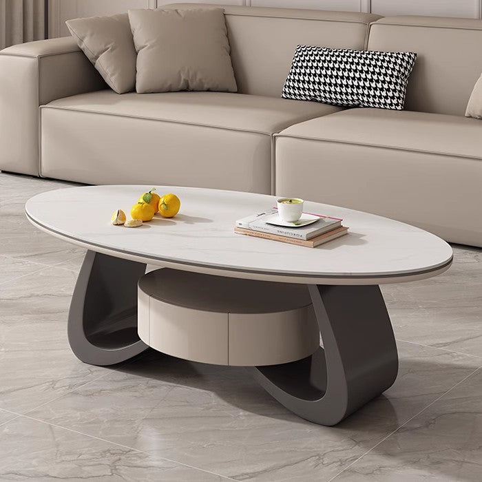 Light luxury living room with drawers coffee table household Italian small apartment simple oval rock slab tea table 2024 new