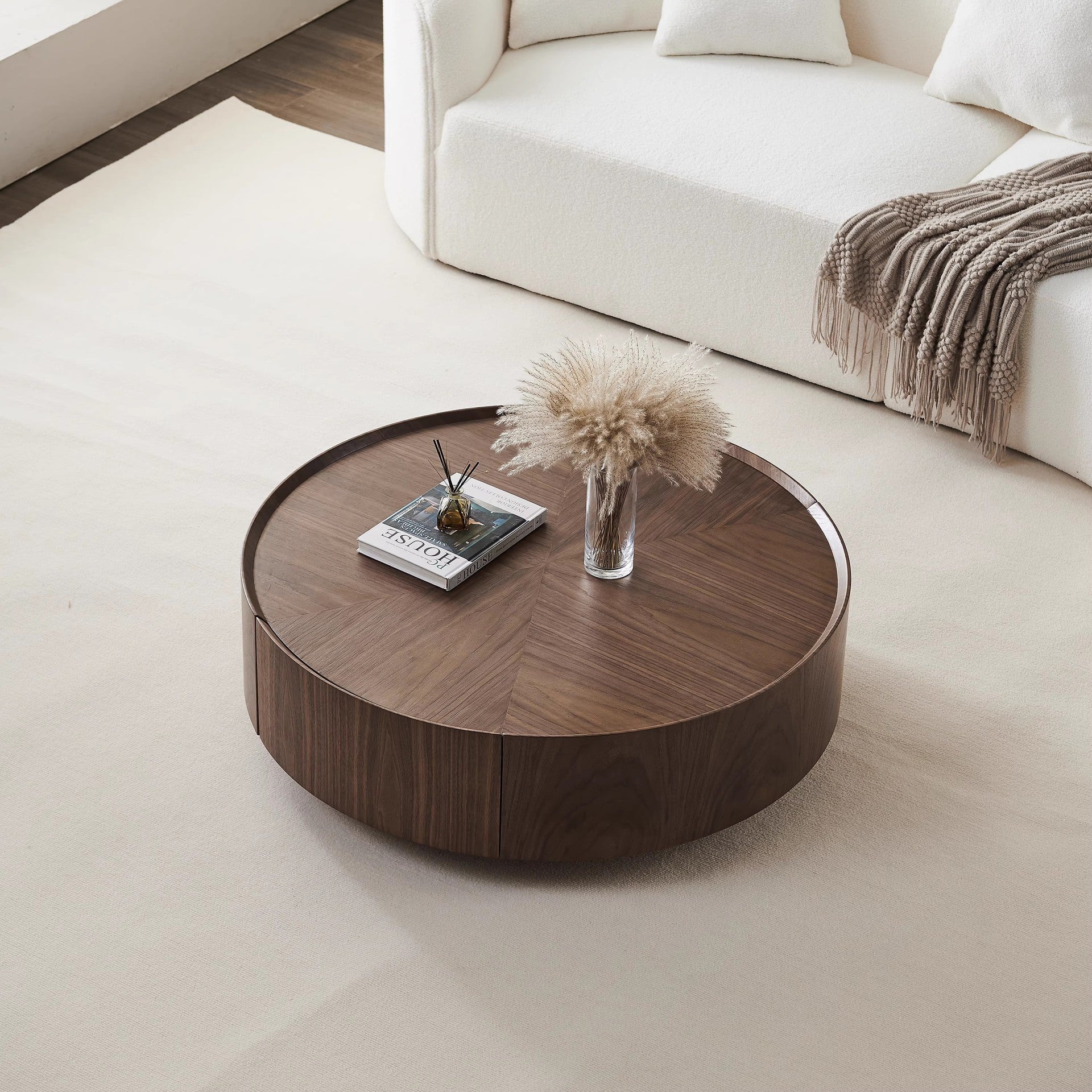 Italian minimalist quiet wind walnut color round coffee table modern simple small apartment living room storage coffee table combination