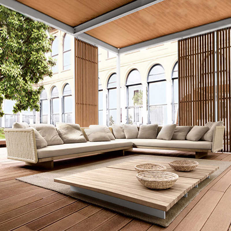 Nordic outdoor leisure sofa waterproof sunscreen rattan chair outdoor hotel courtyard garden terrace teak rattan combination