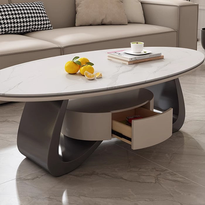 Light luxury living room with drawers coffee table household Italian small apartment simple oval rock slab tea table 2024 new