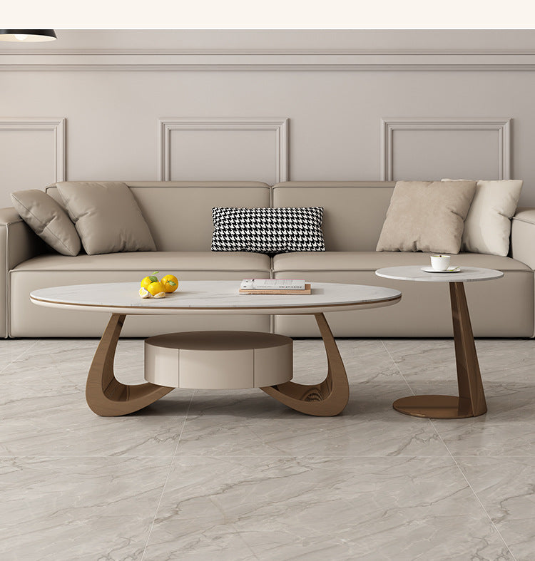 Light luxury living room with drawers coffee table household Italian small apartment simple oval rock slab tea table 2024 new