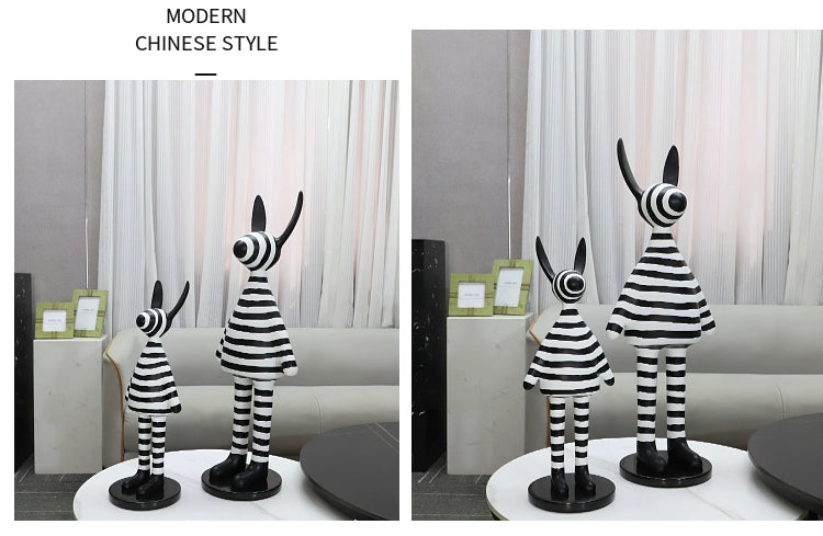 Modern minimalist black and white striped standing rabbit sculpture resin ornament living room bedroom TV cabinet home decoration