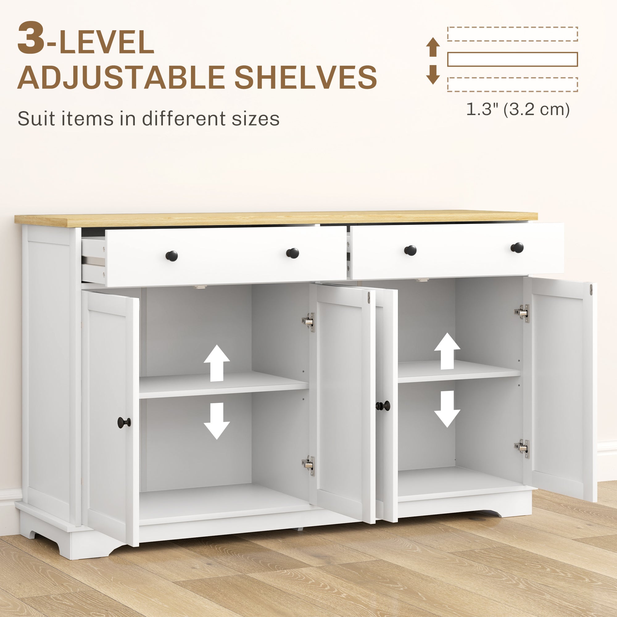 HOMCOM Modern Sideboard, Buffet Cabinet with Storage Drawers, Adjustable Shelves for Living Room, Dining Room, Entryway, White