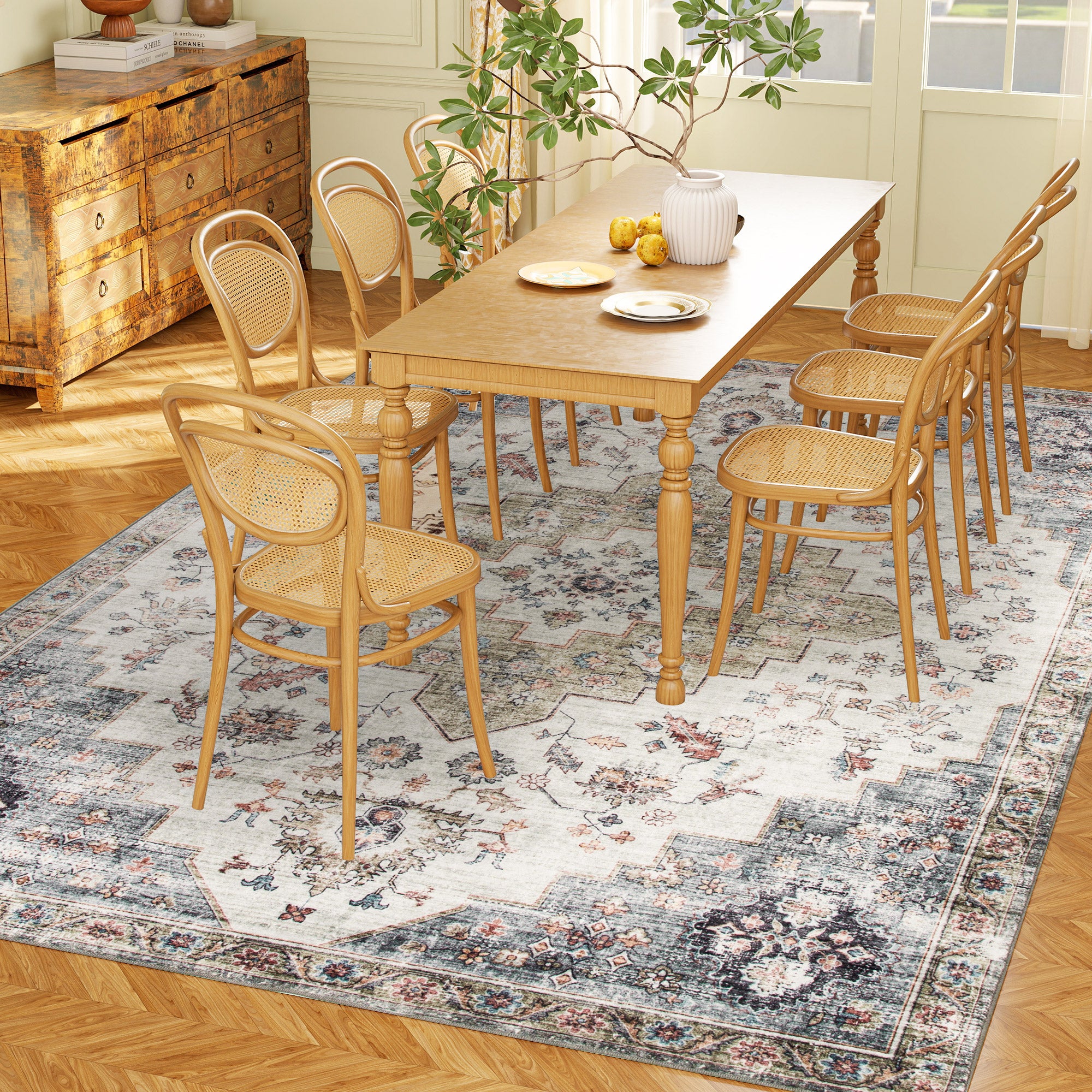 HOMCOM 8x10 Area Rug, Vintage Machine Washable Rug, Non-Slip Carpet for Living Room, Bedroom, Dining Room, Brown and Green