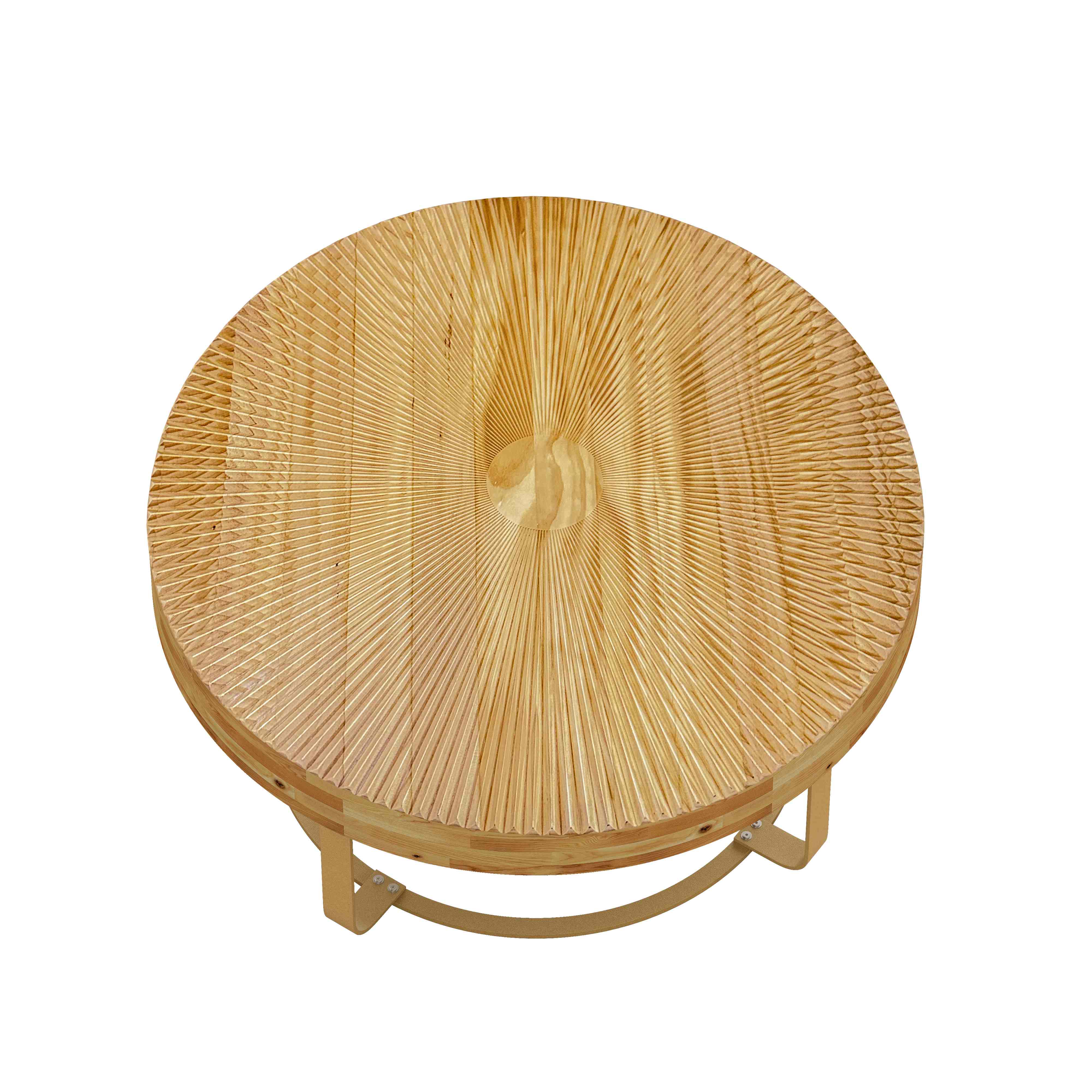 Modern Round Coffee Table, Wooden Carving Pattern with Metal Legs, Pine and MDF, 31.5"x31.5"x13.78", Natural+Gold