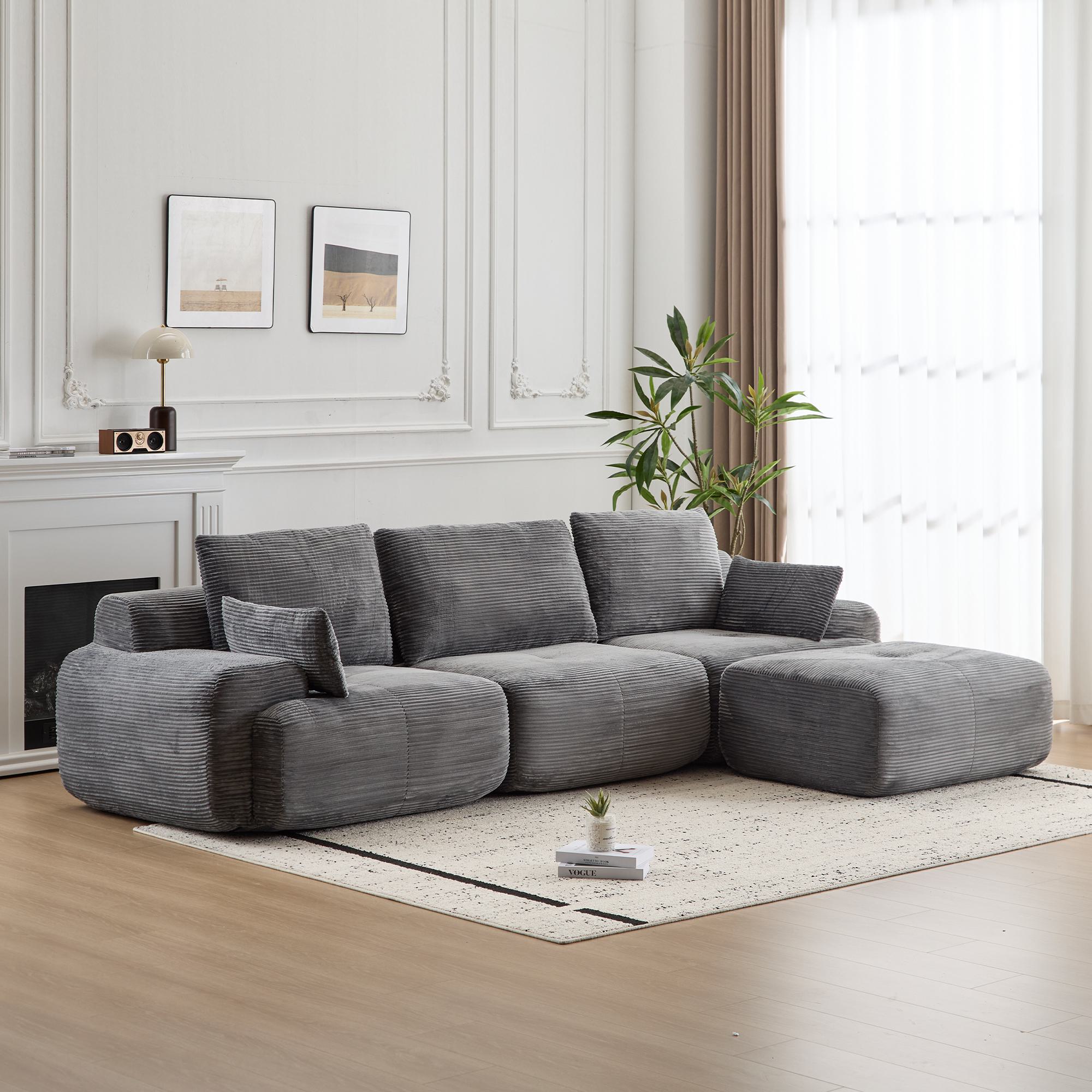 Compressed Sofa Modern Memory Foam Sectional, Pet-Friendly Corduroy Couch, Extra Deep Loveseat for Living Room, 120" L x 71" W x 28.5" H, Beige