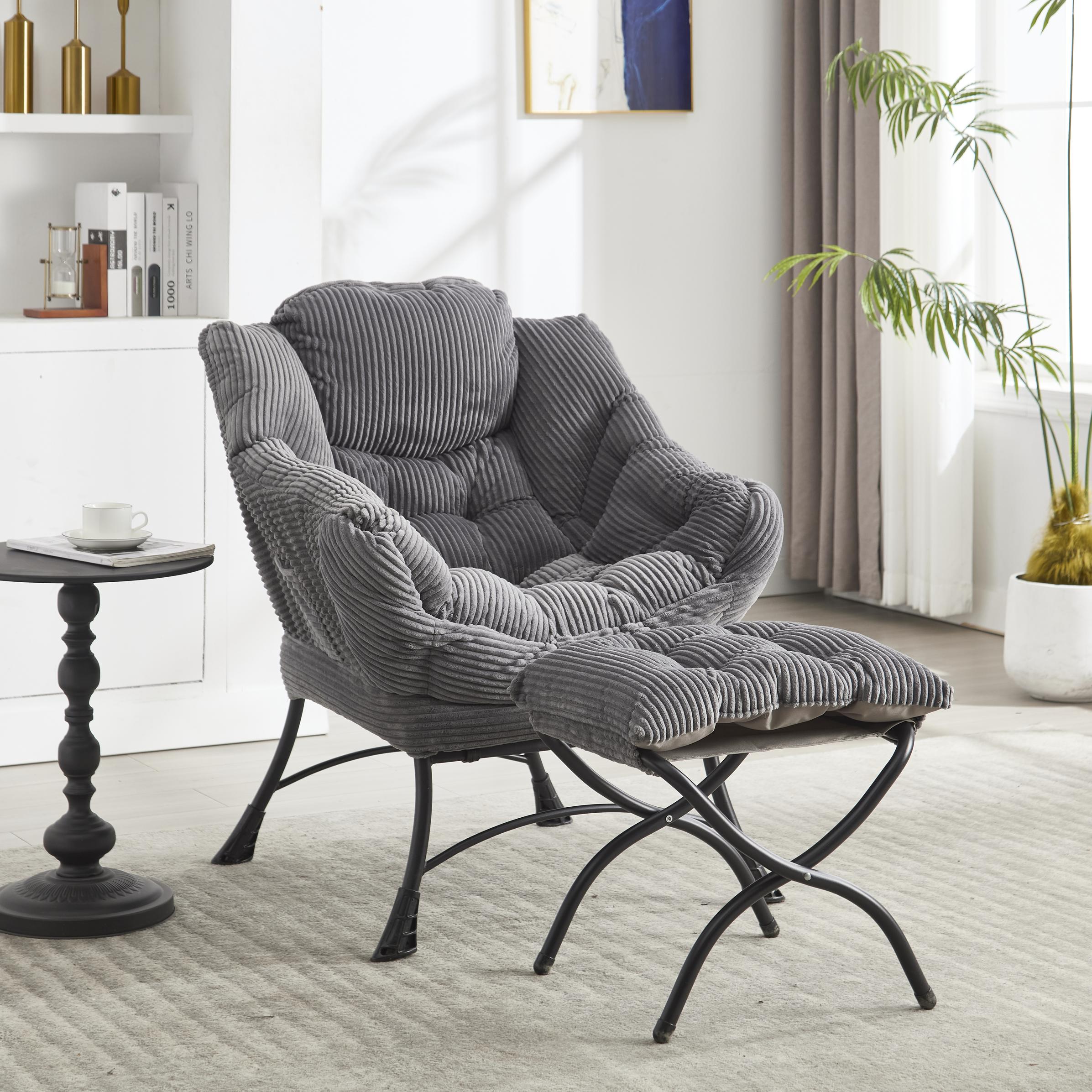 Modern Lazy Chair with Ottoman, Armrests, Side Pocket, Ergonomic Lounge Accent Chair with Steel Frame, 31.5" L x 25" W x 37.5" H, Navy Blue