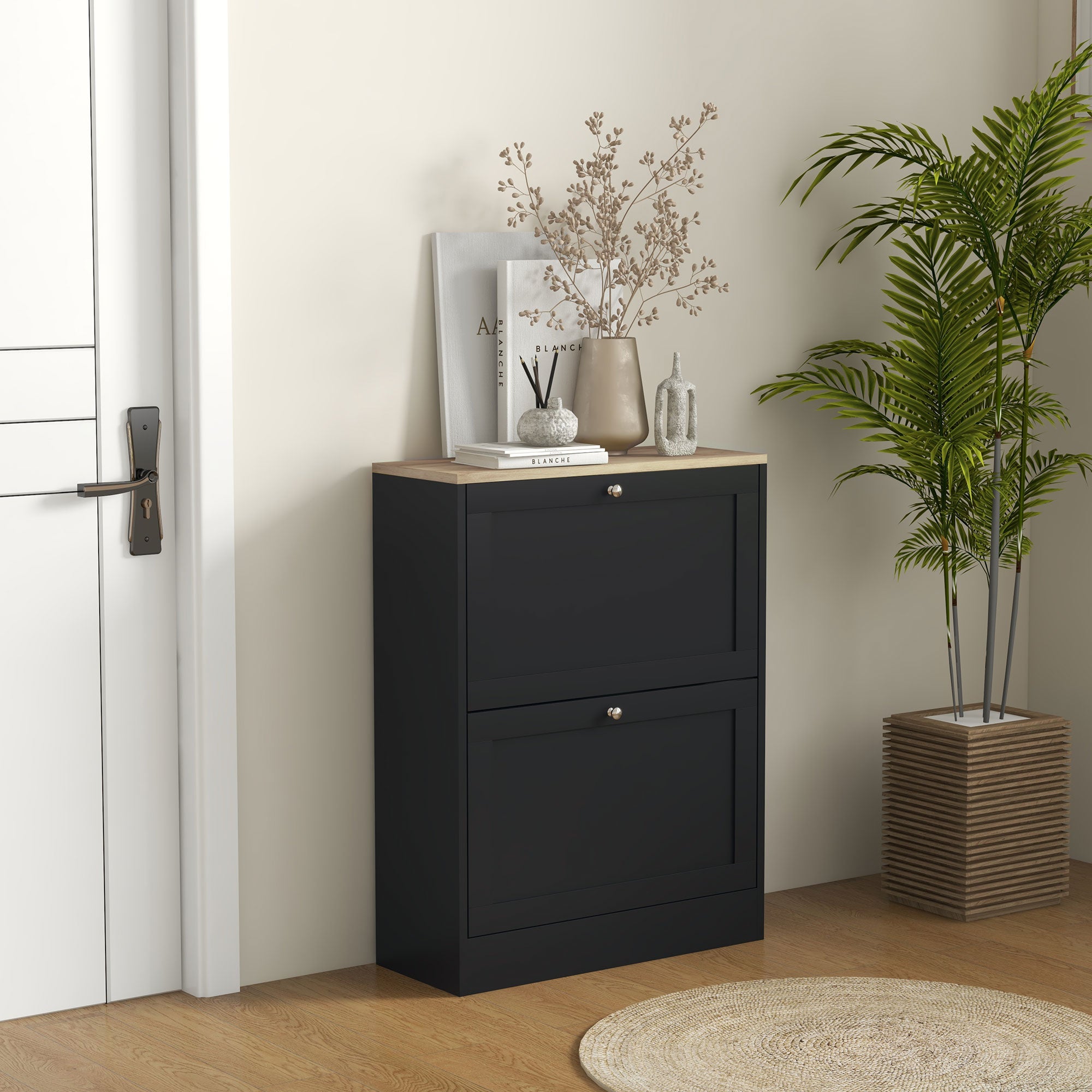 HOMCOM Slim Shoe Storage Cabinet, Modern Shoe Cabinet with 2 Flip Drawers and Adjustable Shelves for 8-12 Pairs, Black