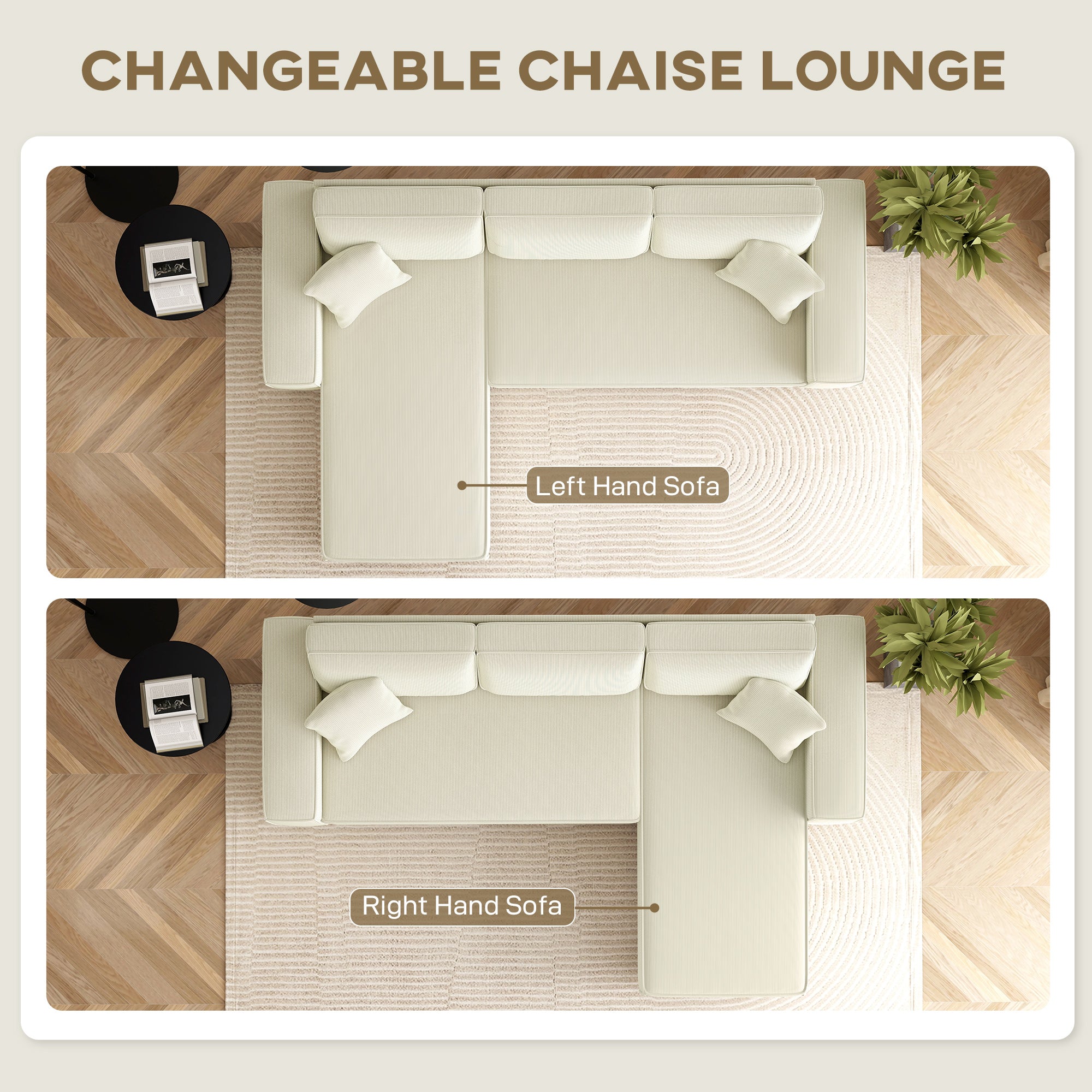 HOMCOM Corner Sofa with Reversible Chaise Lounge, Corduroy L-Shaped Sectional Sofa with Pocket Spring, Cream White