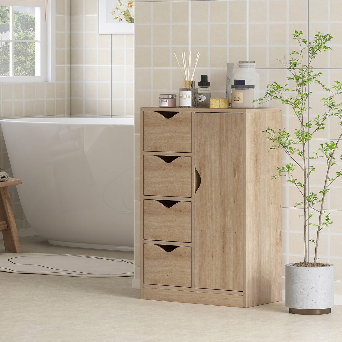 HOMCOM Freestanding Storage Cabinet, Bathroom Floor Cabinet with 4 Drawers and Door, Oak