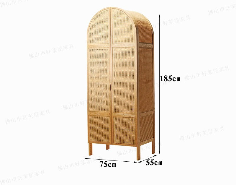 Solid wood rattan wardrobe simple household ash wood double door wardrobe Nordic bedroom storage cabinet locker