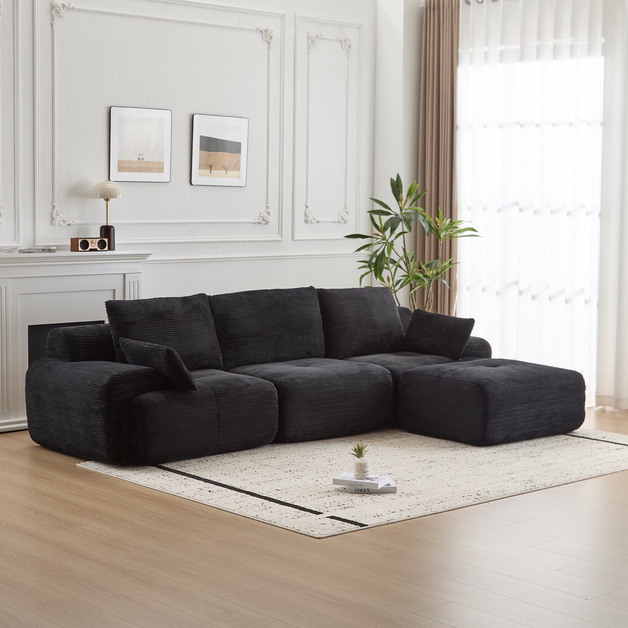 Compressed Sofa Modern Memory Foam Sectional, Pet-Friendly Corduroy Couch, Extra Deep Loveseat for Living Room, 120" L x 71" W x 28.5" H, Beige