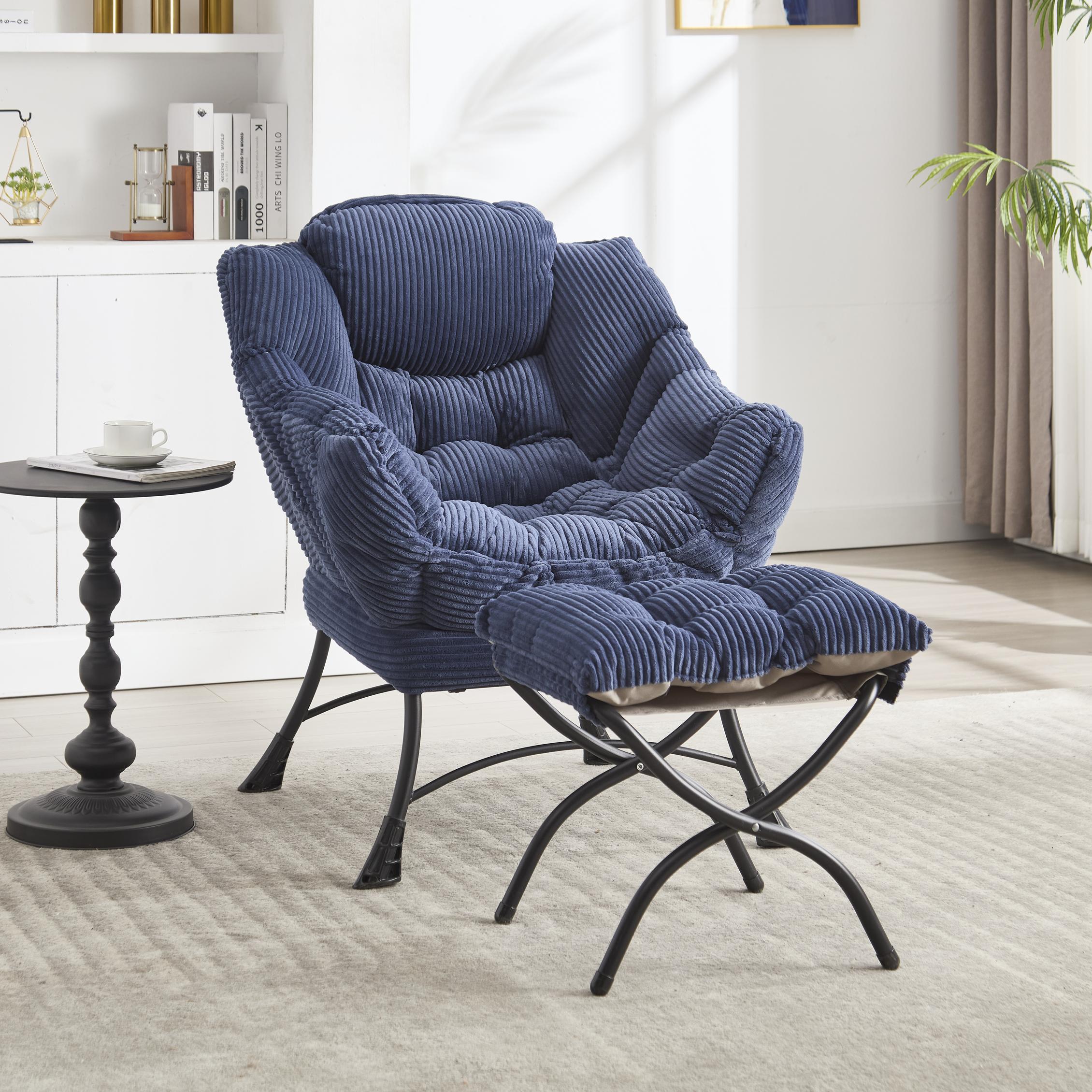 Modern Lazy Chair with Ottoman, Armrests, Side Pocket, Ergonomic Lounge Accent Chair with Steel Frame, 31.5" L x 25" W x 37.5" H, Navy Blue