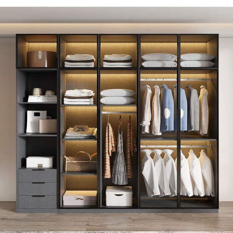 Light luxury wardrobe household bedroom solid wood small apartment wardrobe modern simple locker free installation glass cabinet