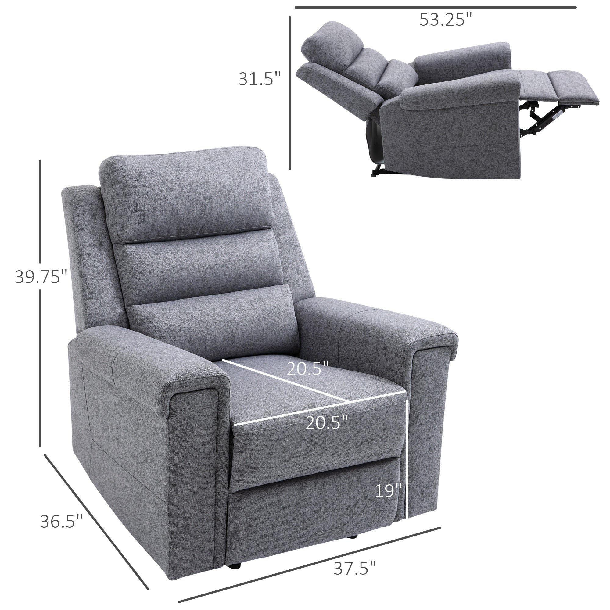 HOMCOM Modern Recliner Chair Linen Fabric Single Sofa Home Theater Seating with Overstuffed Armrest and Back, Grey